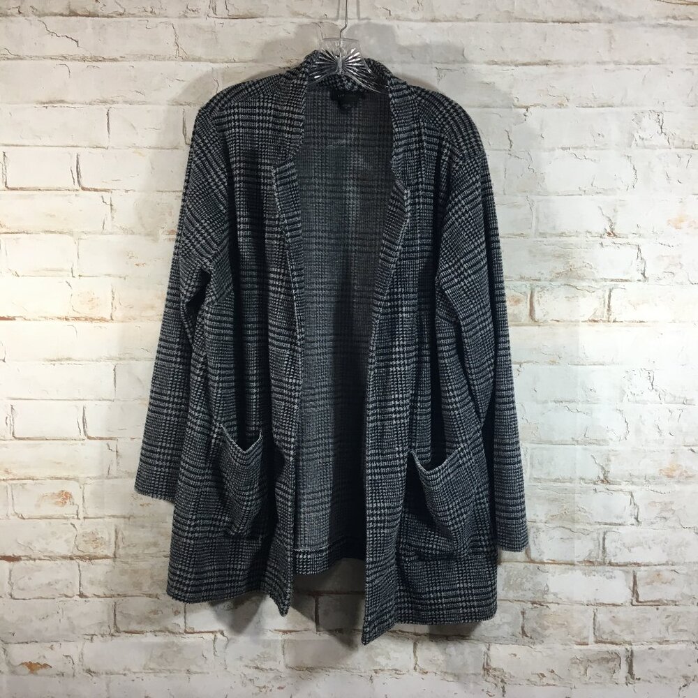 J Jill Wearever Collection Blazer Jacket Womens XL Navy Gray Plaid Open Front
